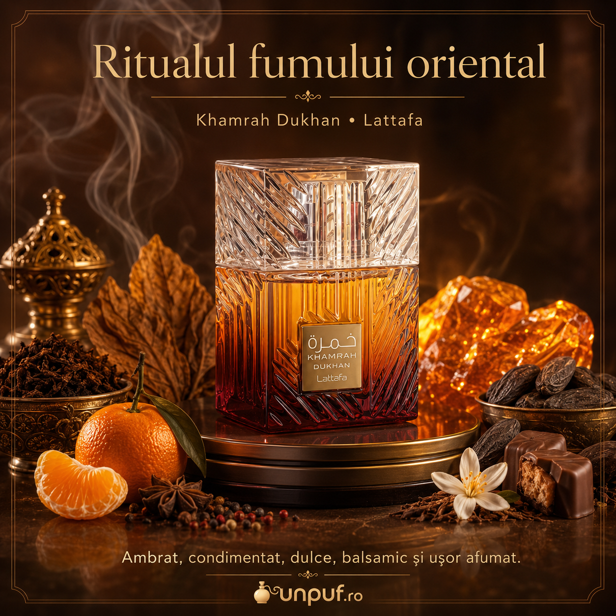 Khamrah Dukhan Lattafa parfum oriental afumat ambrat condimentat cu tutun ambră tonka pralină și rășină benzoică